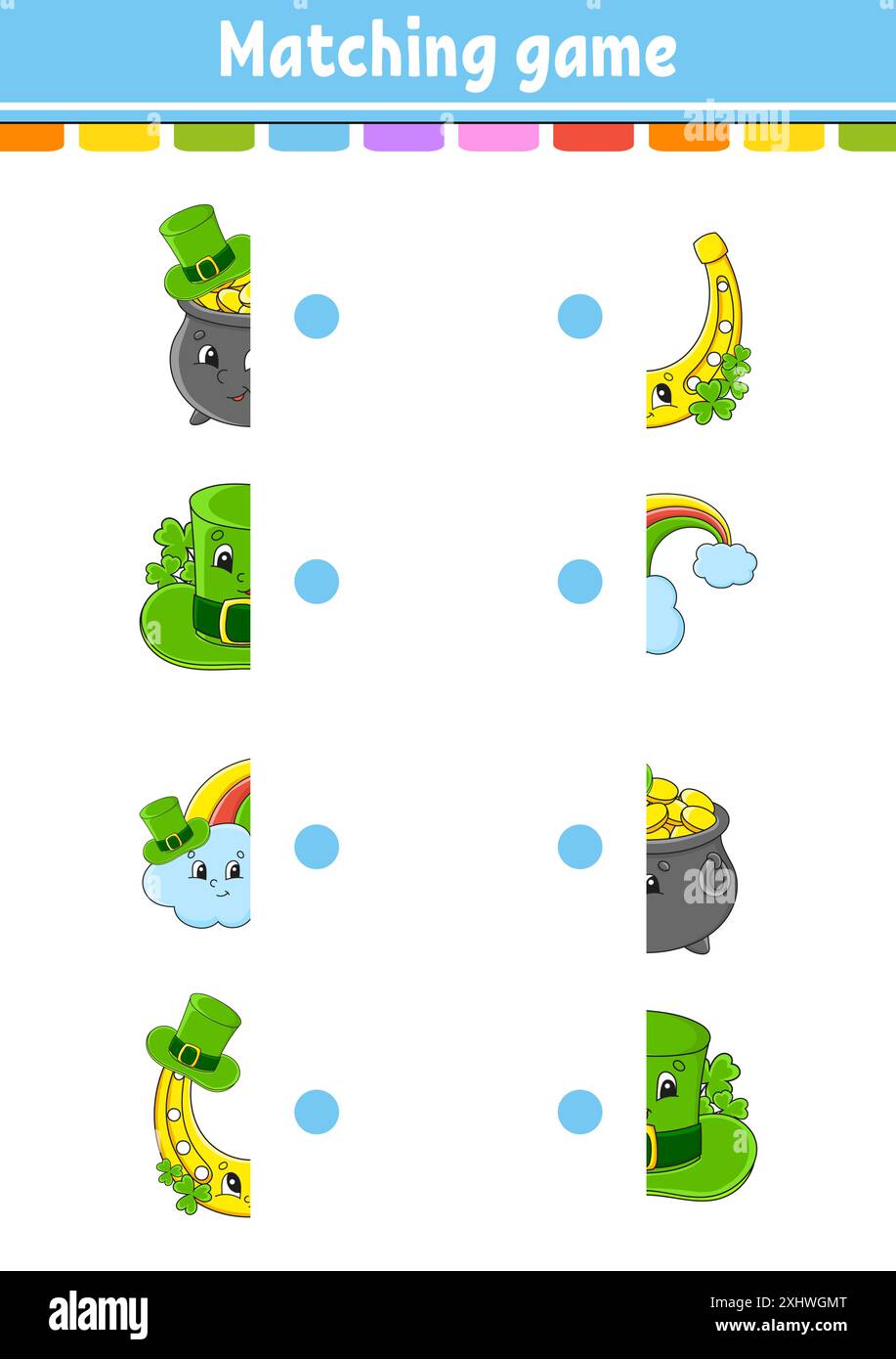 Jeu d'appariement. Tracez une ligne. Feuille de travail de développement de l'éducation. Page d'activité avec photos couleur. Énigme pour enfants. Personnage mignon. Style dessin animé. VEC Illustration de Vecteur