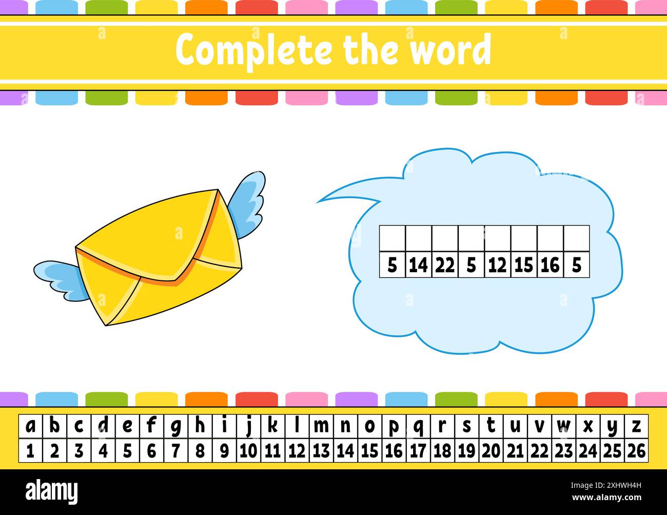 Complétez les mots. Code de chiffrement. Apprentissage du vocabulaire et des chiffres. Feuille de travail sur la formation. Page d'activité pour l'étude en anglais. Illustration vectorielle isolée. Illustration de Vecteur