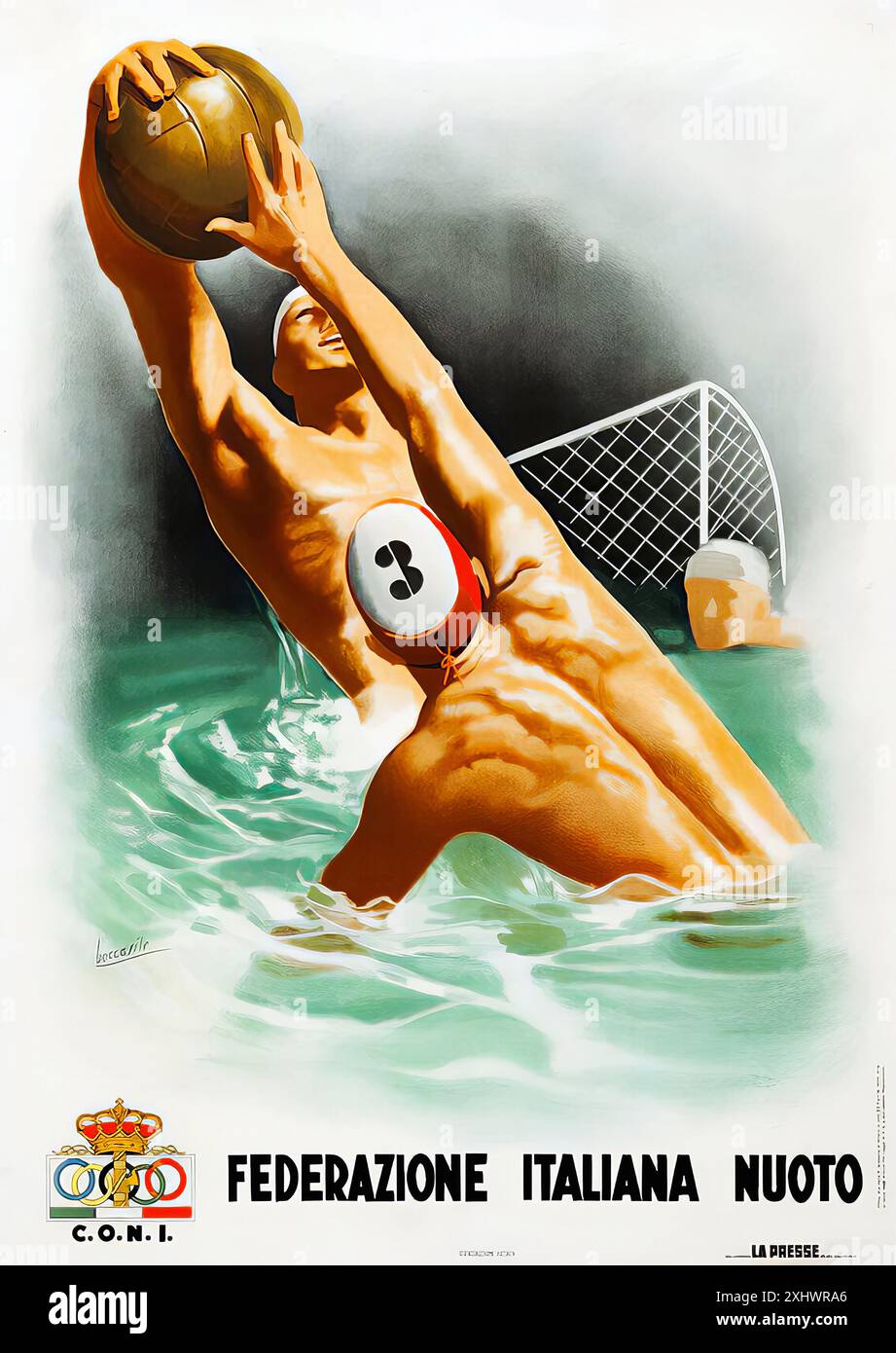 BOCCASILE Gino Federazione Italiana Nuoto [Water Polo] 1936 - impression Vintage illustrée Banque D'Images