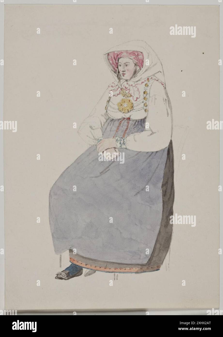 Un dessin de Jørgen Roed représentant une femme assise portant un costume traditionnel local, créé entre 1808 et 1888 au Danemark. Banque D'Images