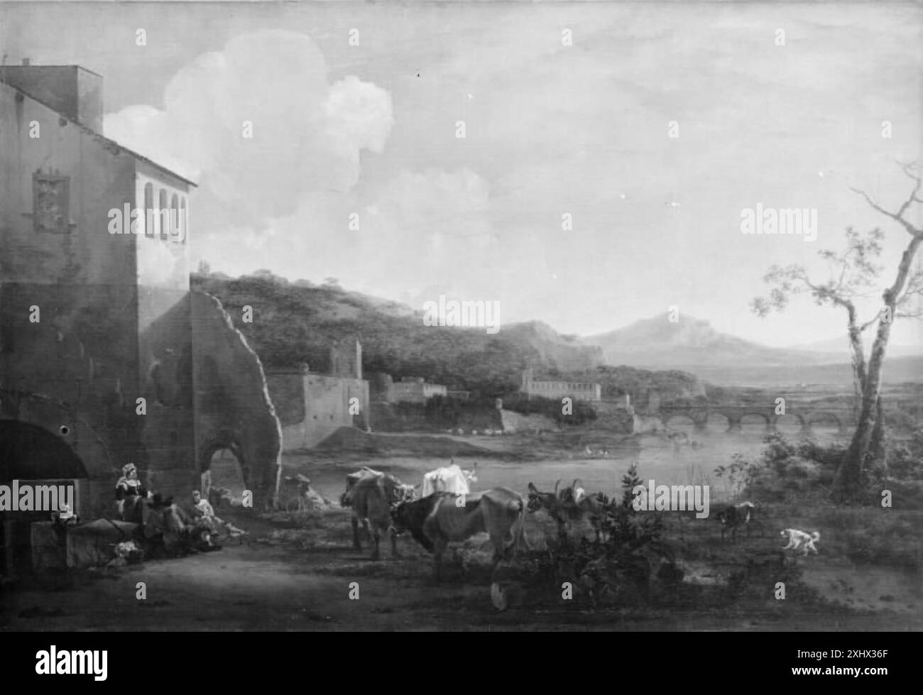 La peinture paysagère italienne du XVIIe siècle de Jan Asselijn présente des collines ondulantes, des montagnes lointaines, des arbres et de petites structures dans un cadre pastoral, illustrant l'environnement naturel et la vie rurale. Banque D'Images