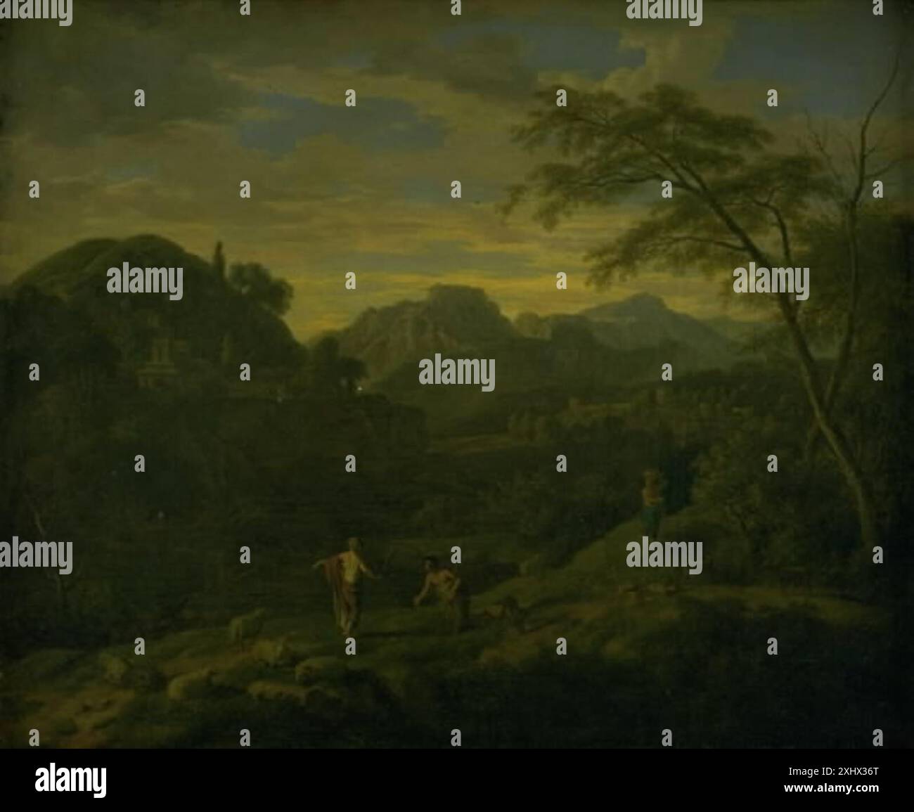 Tableau de Johannes Glauber (1646–1724) représentant des paysages montagneux du sud, montrant des montagnes, des arbres, des vallées et des éléments de paysage naturel. Banque D'Images