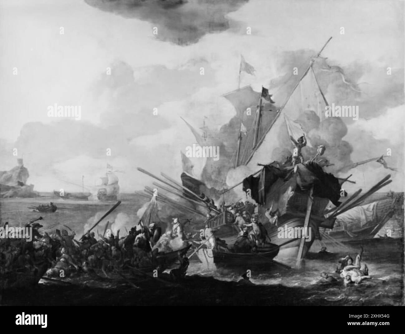 Tableau de Johannes Lingelbach représentant une escarmouche navale en mer, montrant des navires, de l'eau et des activités de combat. Banque D'Images