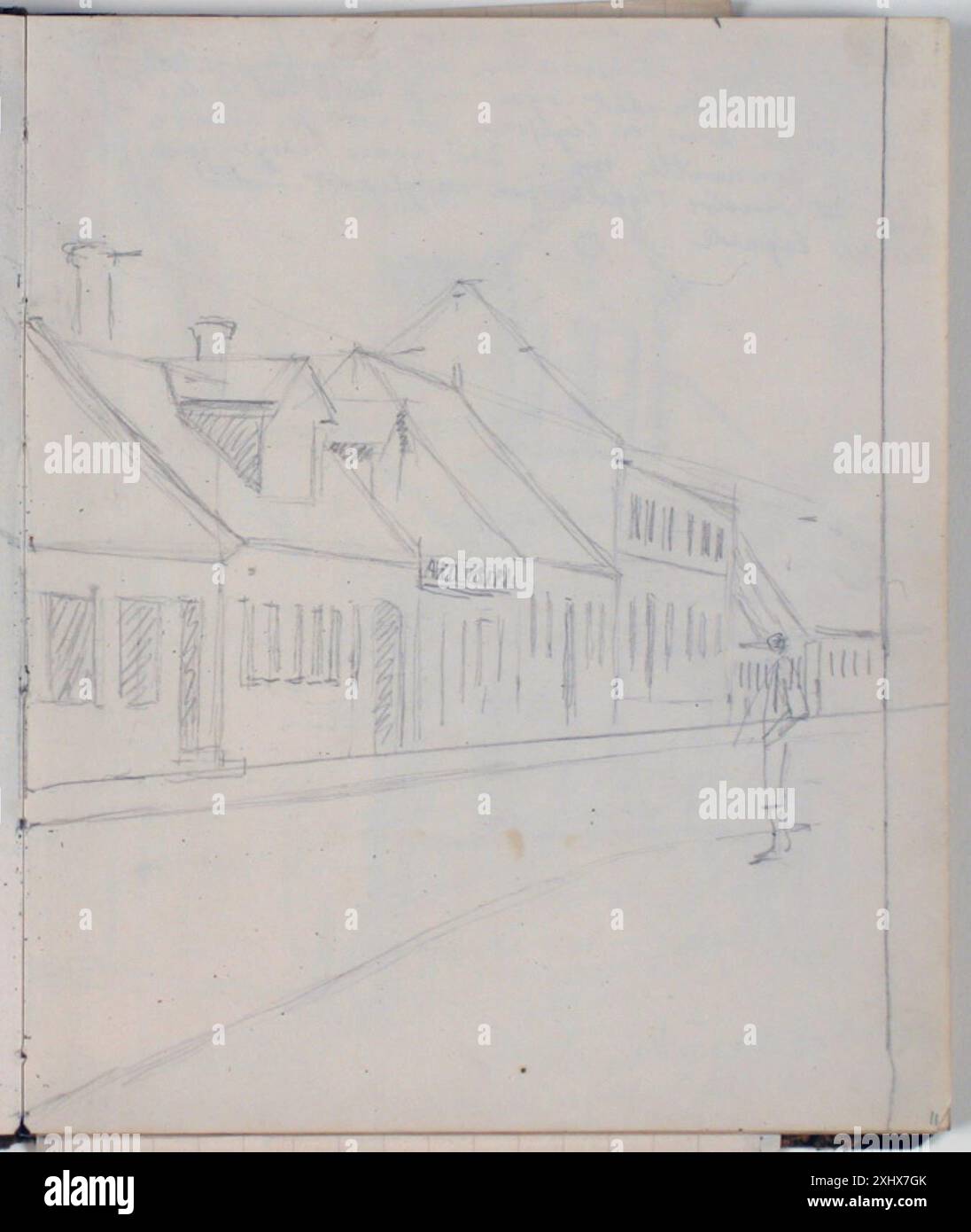 Dessin de Niels Larsen Stevns représentant des études de divers bâtiments, mettant l'accent sur les détails architecturaux et les éléments structurels. Banque D'Images