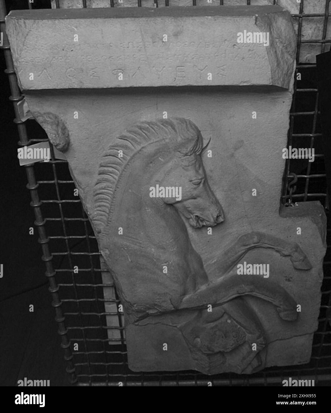 Un relief funéraire représentant la partie avant d'un cheval, d'un cavalier et d'adversaires tombants, mettant l'accent sur l'interaction dynamique et les éléments de composition classiques. Banque D'Images