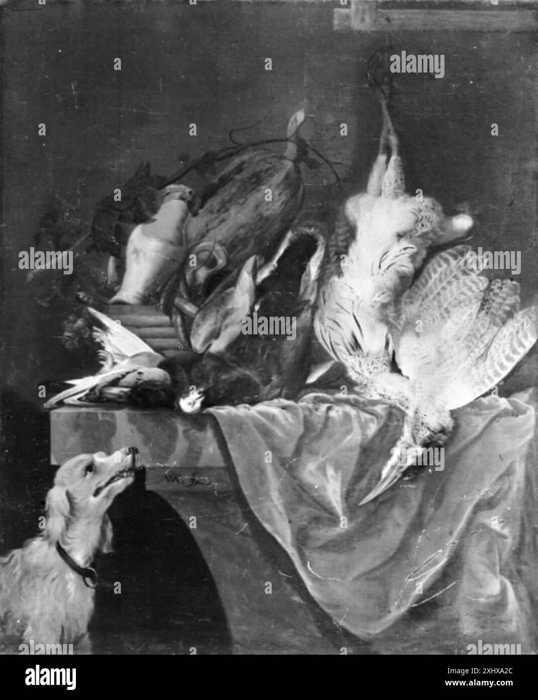 Peinture de natures mortes représentant des gibier à plumes morts, influencée par le style de Willem Kalf, attribuée à Monogrammist WK, datée entre 1709 et 1800. Banque D'Images