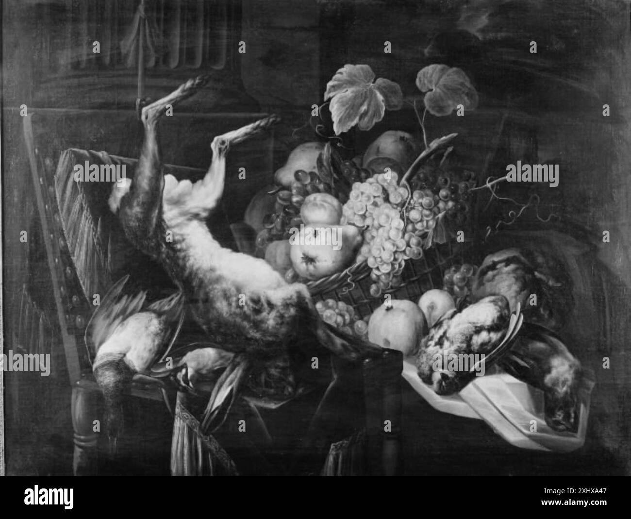 Une peinture baroque de nature morte de Joannes Fijt mettant en vedette des fruits arrangés, du jeu mort et de la vaisselle, mettant en valeur la texture, la couleur, et réalisme typique de la nature morte flamande Banque D'Images