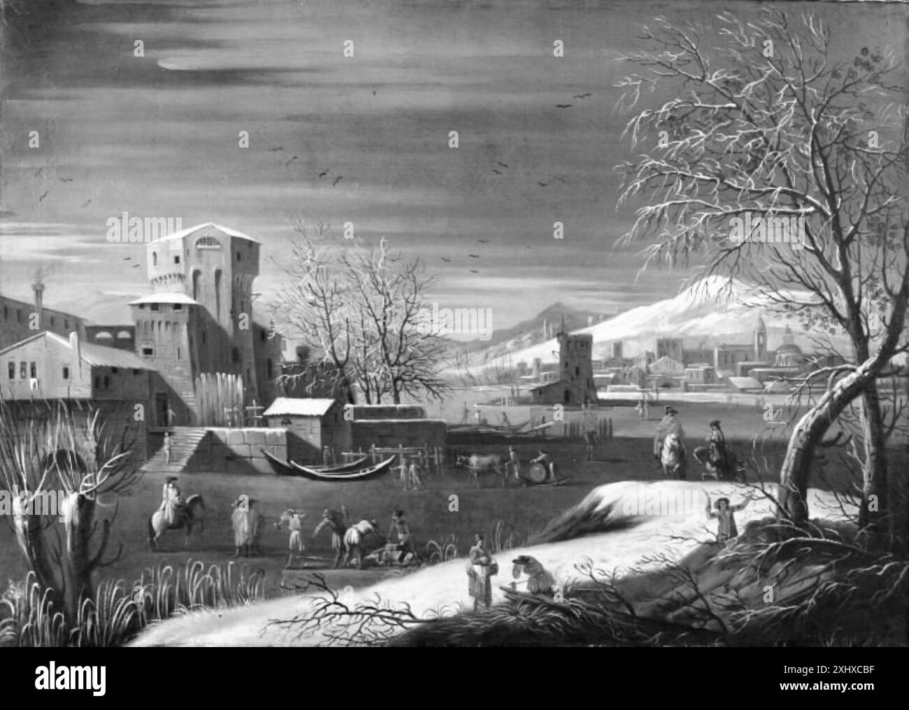 Tableau représentant une rivière gelée avec une tour au premier plan, une ville au milieu et des montagnes enneigées en arrière-plan, créé par un artiste inconnu vers 1700. Banque D'Images