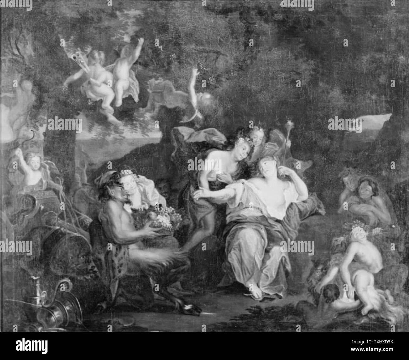 Le tableau représente Bacchus et Ariane assis ensemble dans un paysage, entourés d'amorins, de bacchantinders et de satyres, montrant des figures mythologiques classiques dans un cadre naturel. Banque D'Images