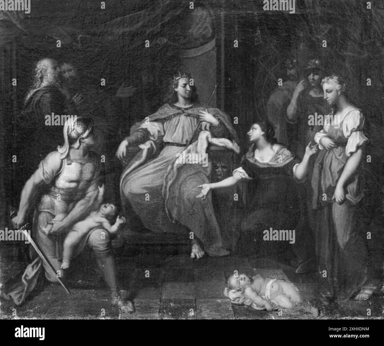 Peinture de Paolo Veronese illustrant l'histoire biblique du jugement de Salomon, y compris des figures, le trône et des détails architecturaux. Banque D'Images