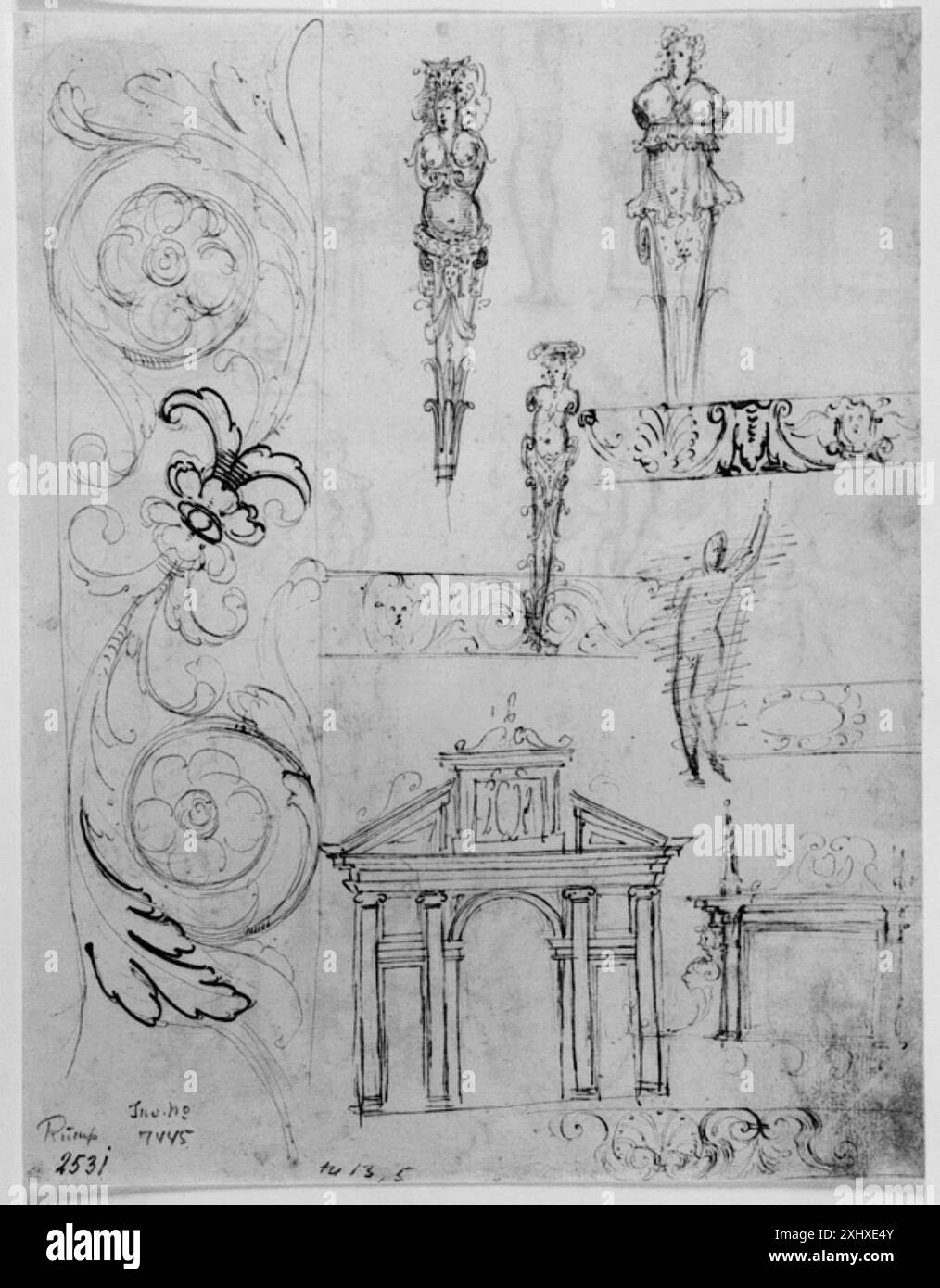 Dessins pour bordures ornementales, hermes, un portail et une cheminée dessin florentin inconnu dessins italiens centraux : écoles de Florence, Sienne, les Marches et l'Ombrie. Dessins italiens au Département des estampes et dessins, Statens Museum for Kunst, Chris Fischer, 23, k2002-001, 2001 dessins pour bordures ornementales, hermes, un portail et une cheminée Banque D'Images