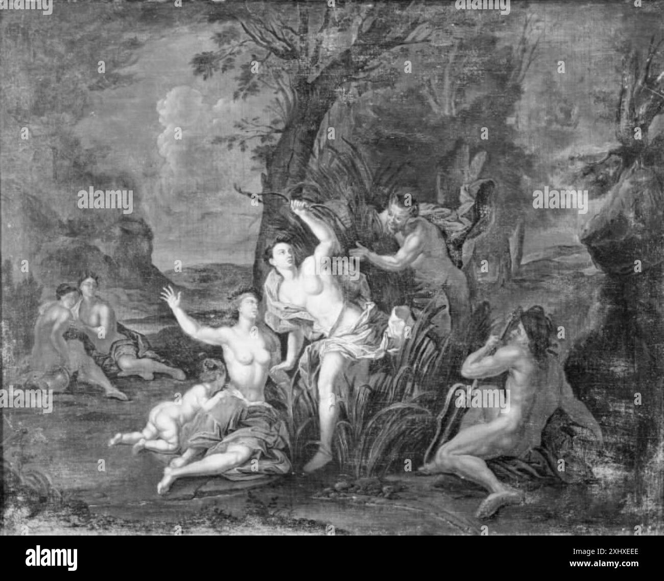 Cette peinture montre des nymphes réagissant à un satyre avec un Dieu de la rivière assis à proximité. Il illustre des figures mythologiques dans un cadre naturel, mettant en évidence l'interaction et la narration. Banque D'Images