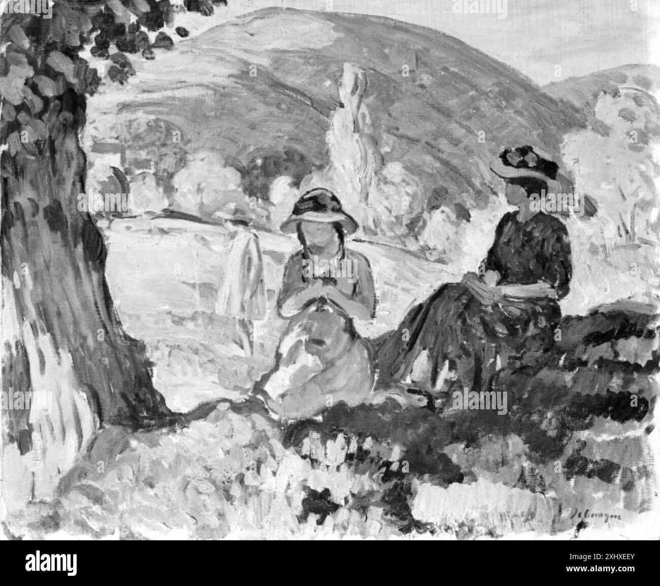 Tableau de Henri Lebasque (1865-1937) montrant un paysage avec des figures, représentant des arbres, le ciel, le terrain et l'interaction humaine au début du XXe siècle Banque D'Images