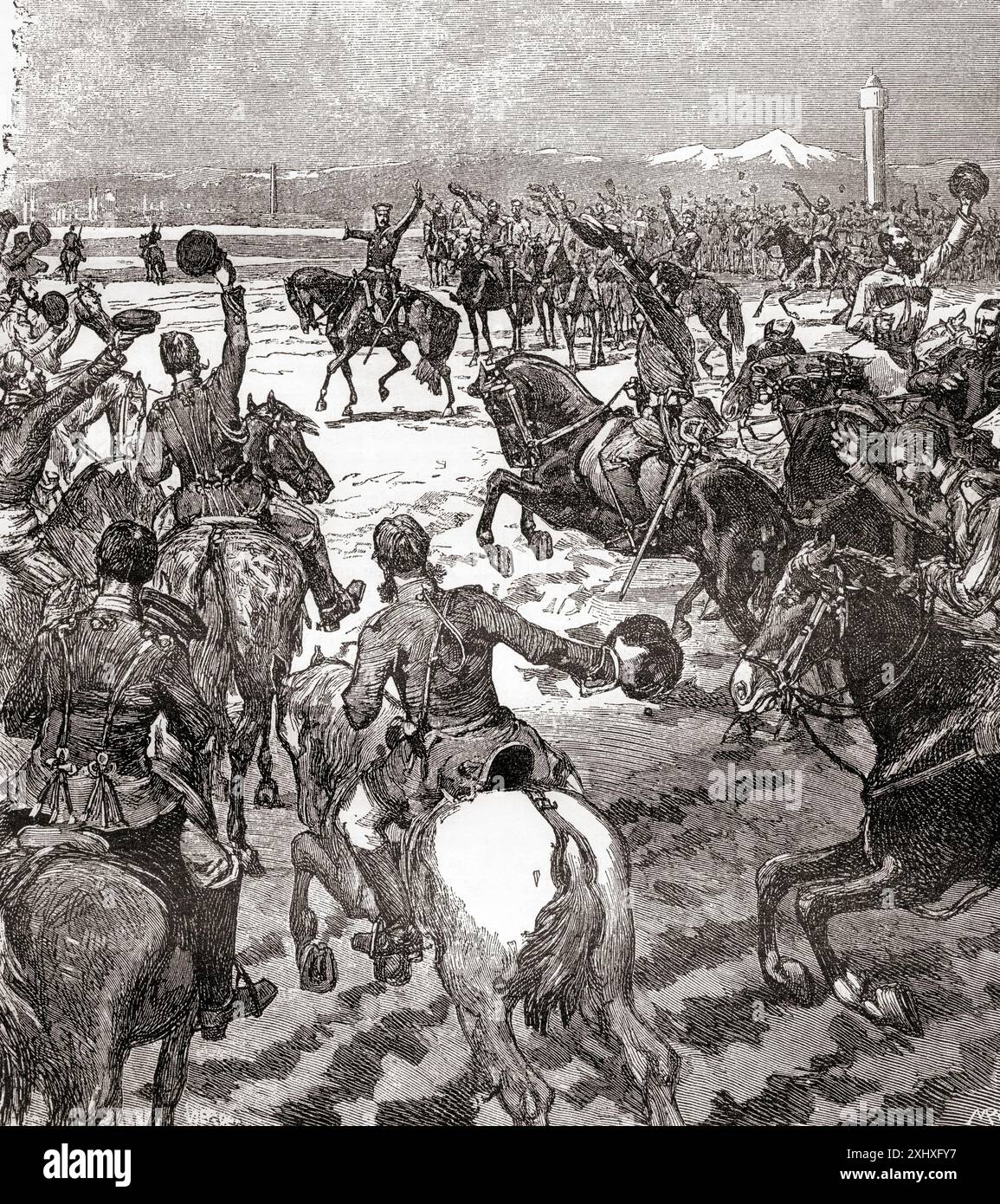 Après la signature du traité de San Stefano, la fin de la guerre russo-turque, 1877-1878. "Les enfants, dit le grand-duc Nicolas, avec l'aide de Dieu, nous avons conclu la paix devant Constantinople." Grand-duc Nicolas Nikolaïevitch de Russie, 1831-1891. Commandant de l'armée russe du Danube dans la guerre russo-turque, 1877-1878. Extrait de Russes et Turcs : la Guerre D'Orient, publié en 1878. Banque D'Images