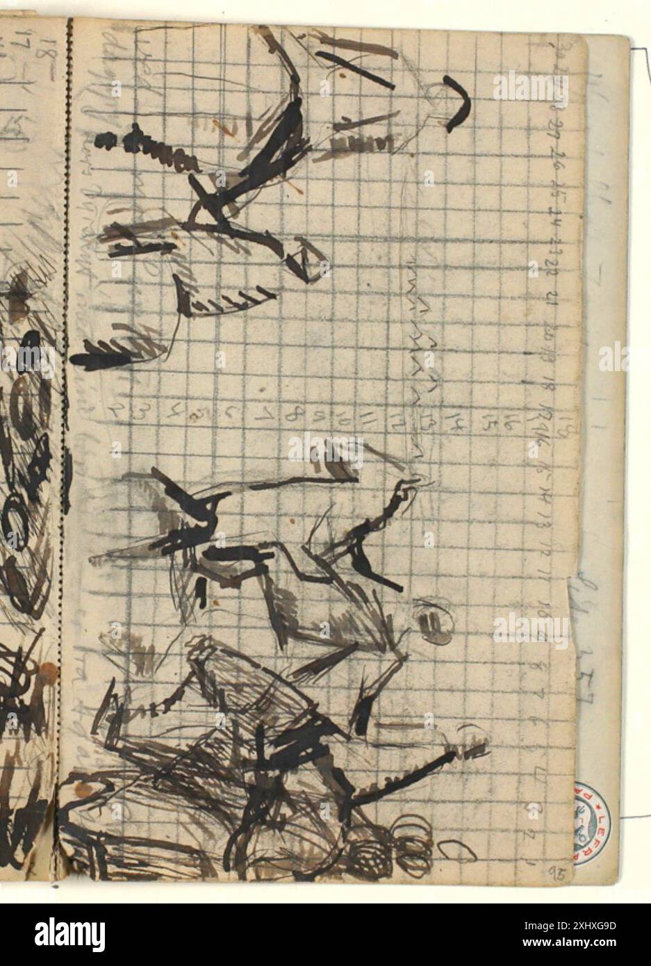 Dessin préparatoire de Niels Larsen Stevns pour la composition 'Lars Dyrskjøt rides from Aagaarde to Nørresundby'. Le projet comprend des lignes directrices carrées et des notes pour des travaux ultérieurs de peinture ou de peinture murale. Banque D'Images