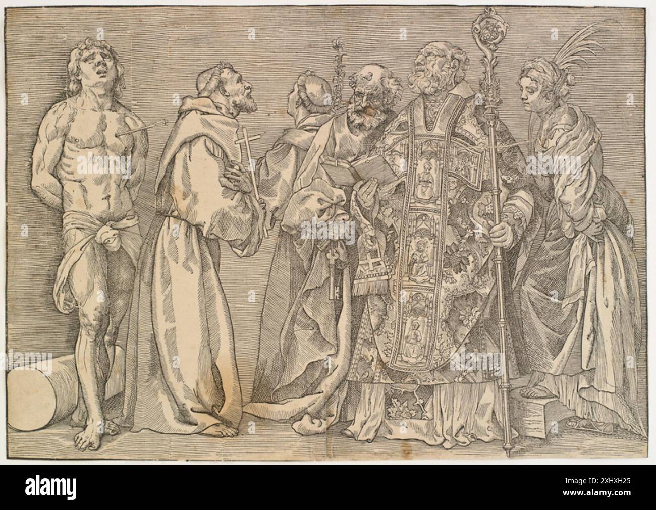 Six Saints Boldrini, Niccolò 1498 - 1566, Tizian 1486 - 1576 gravure sur bois, Imprimer le peintre-graveur, Johann David Passavant, vol. VI, p. 233, NR. 53, 2139, 1860-1864. Le Titien et la gravure sur bois vénitienne, David Rosand, 35, 45552, 1976. Træsnit : fra Dürer til Tal R, Hanne Kolind Poulsen, Kat. 9, d 45565, 2011 six Saints Banque D'Images