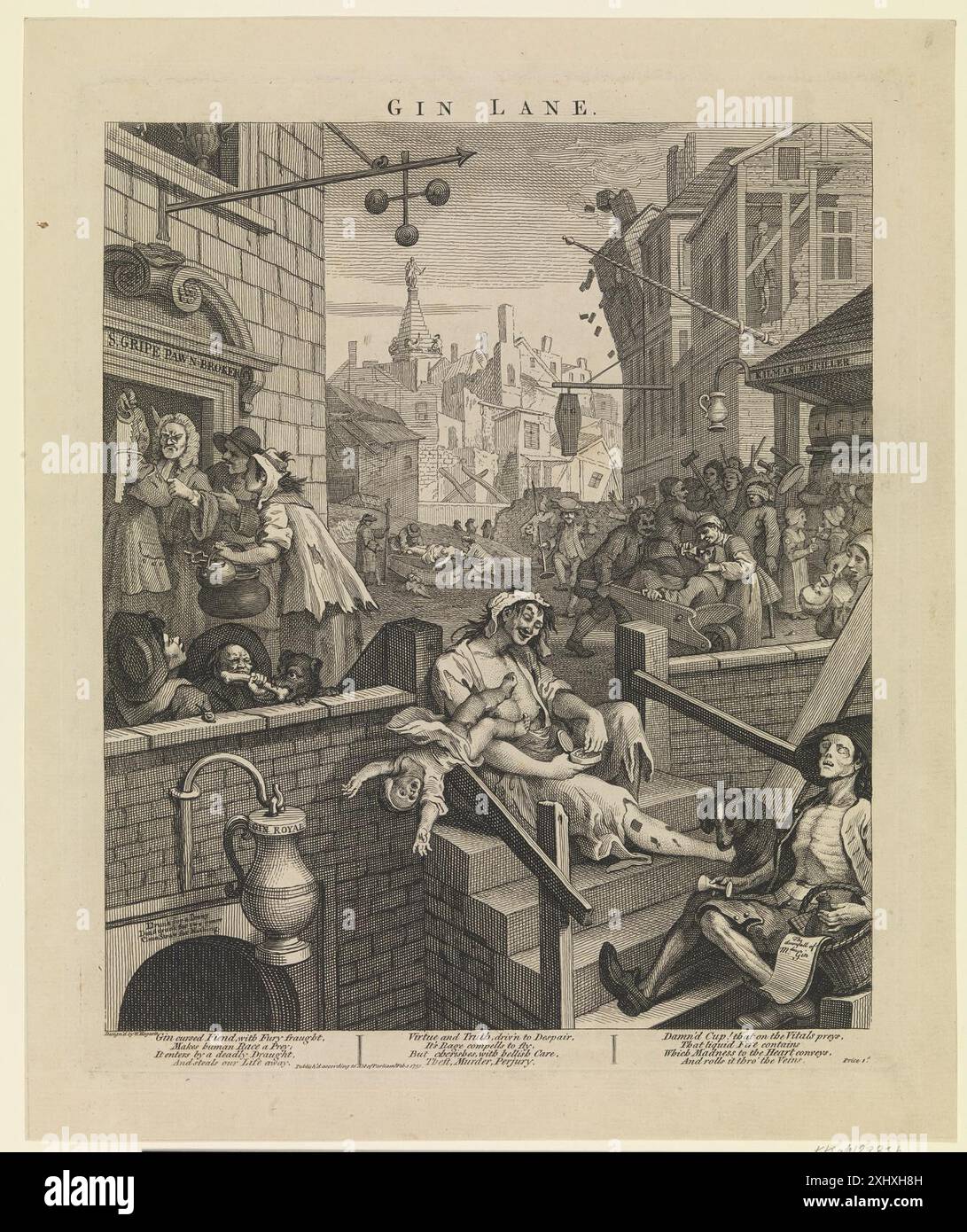 Gravure sur cuivre de William Hogarth (1697-1764) intitulée 'Gin Lane', illustrant la pauvreté urbaine, les leçons morales et les conditions sociales dans le Londres du XVIIIe siècle. Banque D'Images