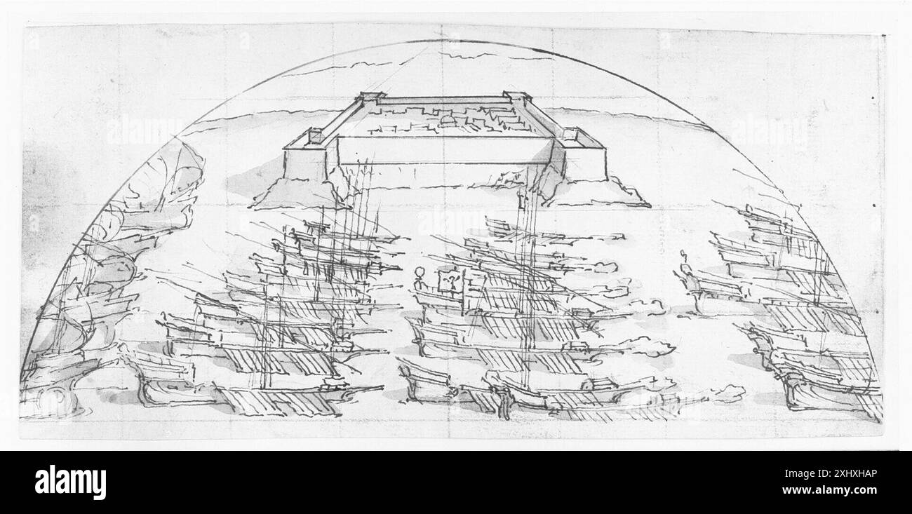 Dessin de Lazzaro Tavarone représentant des galères passant devant un fort, montrant des navires, des fortification, de l'eau et des mouvements. Banque D'Images
