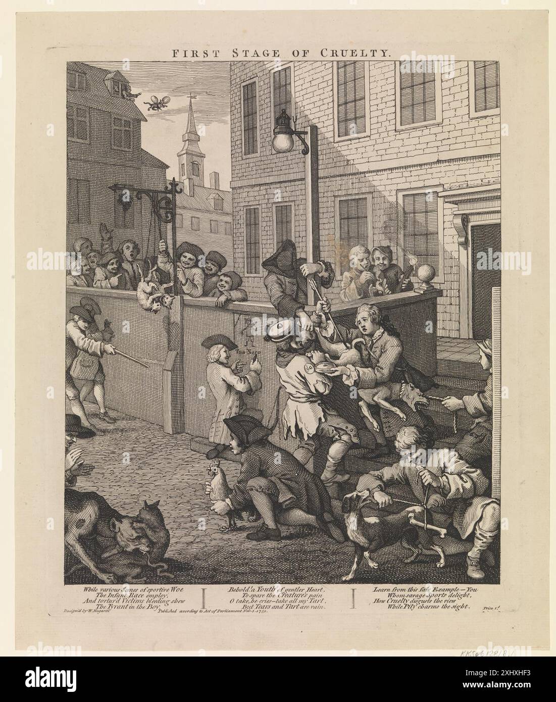 Gravure de William Hogarth (1697-1764) intitulée 'First Stage of Cruelty', représentant les premières scènes de critique sociale et d'illustration morale en anglais du XVIIIe siècle Banque D'Images