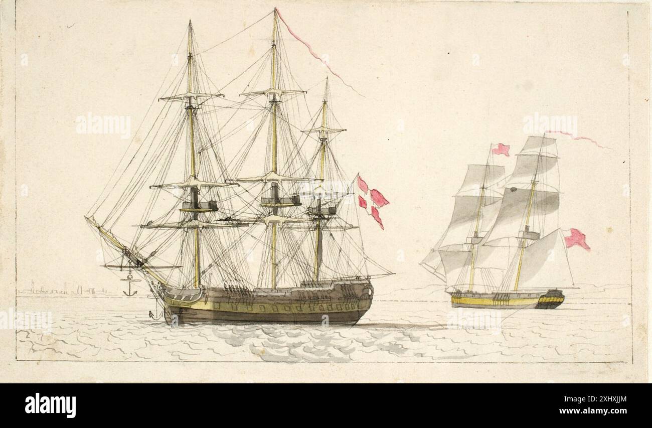 Une frégate danoise aux ancres et un brick anglais sous voile Eckersberg, C.W. 1783 - 1853 dessin en dansk fregat til ankers og en engelsk brick sous sejl Banque D'Images