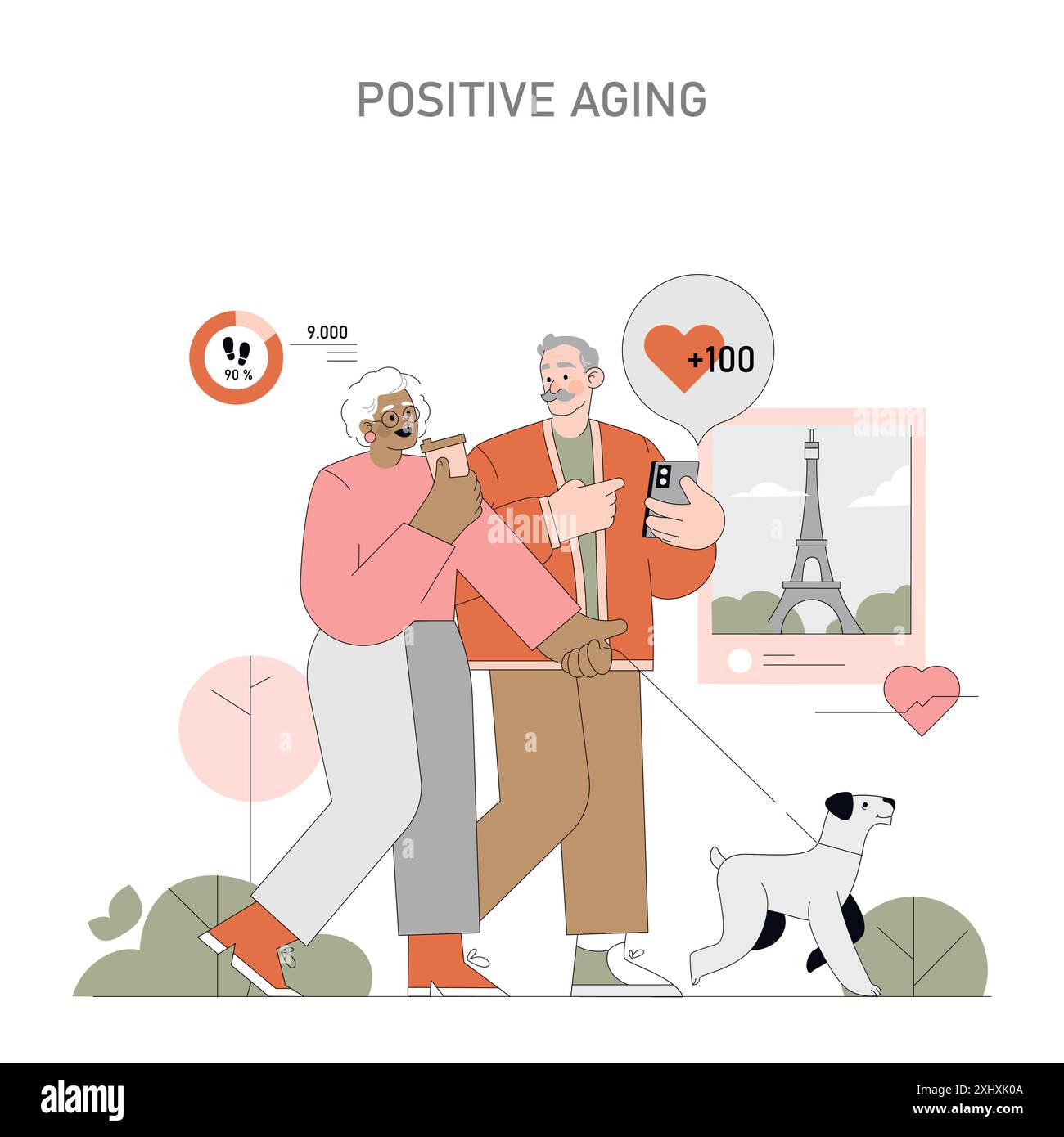 Concept de vieillissement positif. Couple de personnes âgées profitant d'une promenade avec un chien, en utilisant des smartphones. Adopter la technologie et les loisirs dans la vie senior. Illustration vectorielle. Illustration de Vecteur