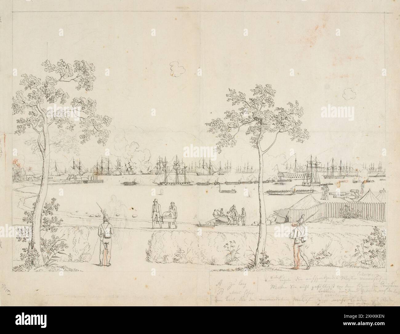 Dessin de C.W. Eckersberg montrant une bataille navale entre les canonnières danoises et la marine anglaise le 31 août. Banque D'Images
