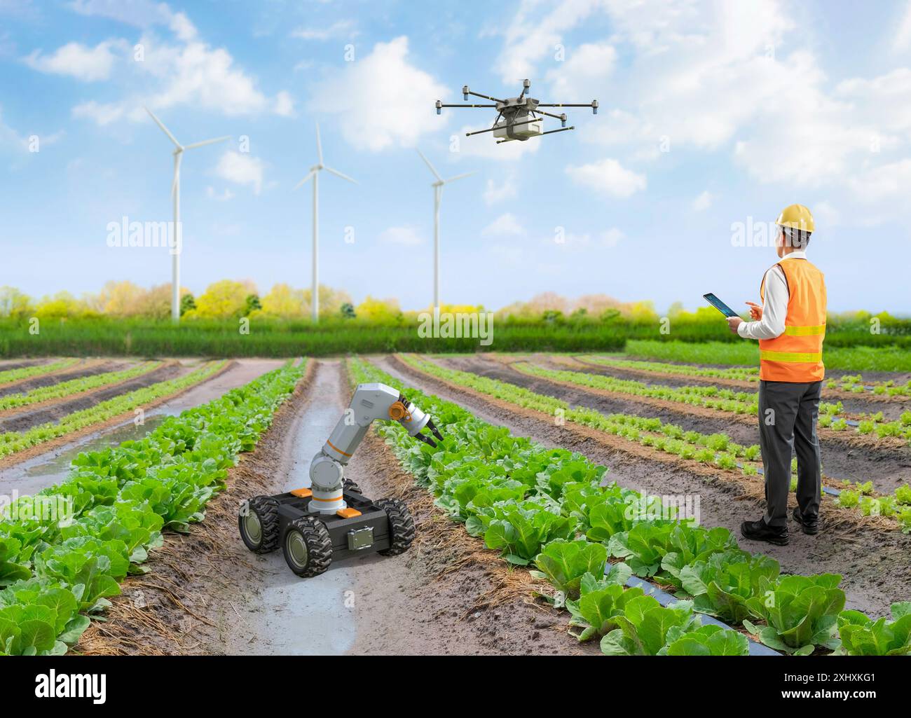 Concept de technologie agricole avec le travail d'ingénieur agricole avec le drone voler au-dessus Banque D'Images
