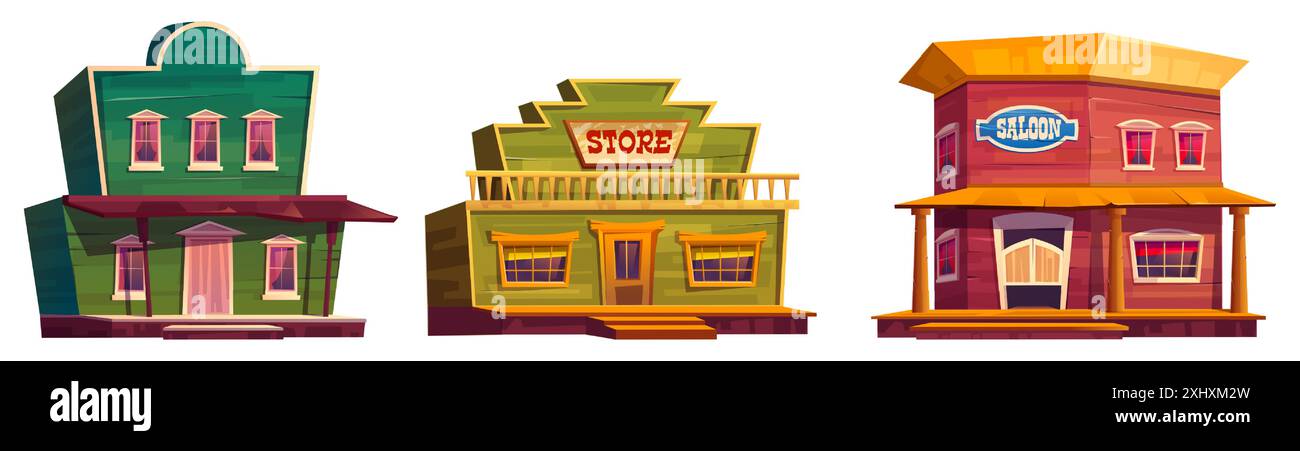 Bâtiments de la ville de l'ouest sauvage ensemble isolé sur fond blanc. Illustration vectorielle de dessin animé d'hôtel en bois rétro, magasin, maisons de saloon avec de vieilles fenêtres, porte, porches, éléments de rue de la ville américaine du texas Illustration de Vecteur