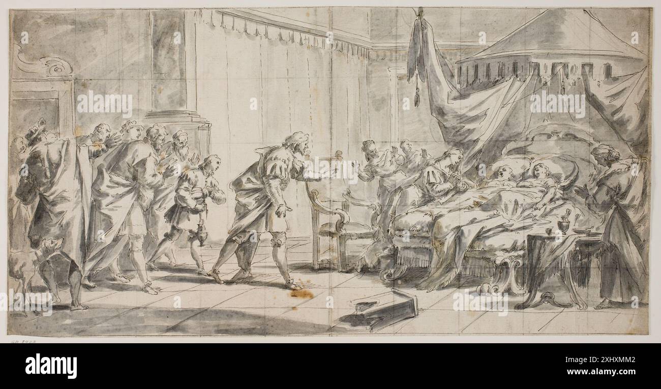 Un couple allongé dans un lit tandis que d'autres se précipitent à l'endroit Diziani, Gaspare 1689 - 1767 dessin vénitien. Dessins italiens dans le département de la collection royale d'art graphique, Statens Museum for Kunst, Chris Fischer, NR. 143, 2018 Un couple allongé dans un lit tandis que d'autres se dépêchent sur place Banque D'Images