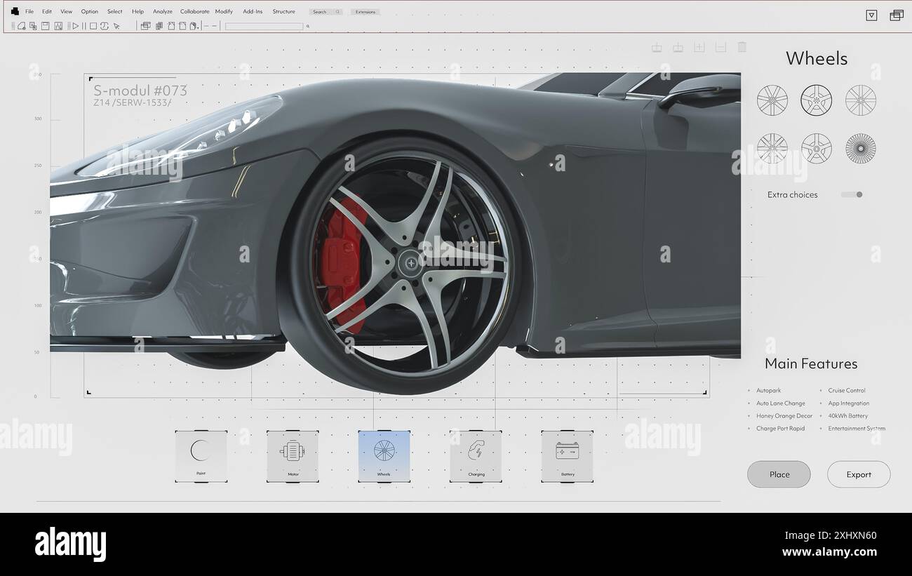 Maquette d'interface légère d'un logiciel informatique de CAO professionnel avec édition du projet d'une voiture de sport moderne. Modèle de véhicule électrique Futuristic Super car. Concentrez-vous sur les différentes options de jantes. Rendu 3D. Banque D'Images