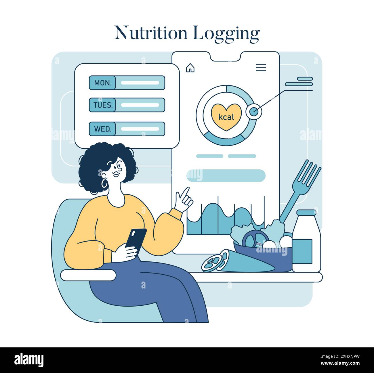 Concept de journalisation de la nutrition. Interface de suivi de repas numérique avec comptage de calories facilitant la gestion du régime alimentaire. Utilisation des applications pour smartphone soucieuses de leur santé. Illustration vectorielle. Illustration de Vecteur