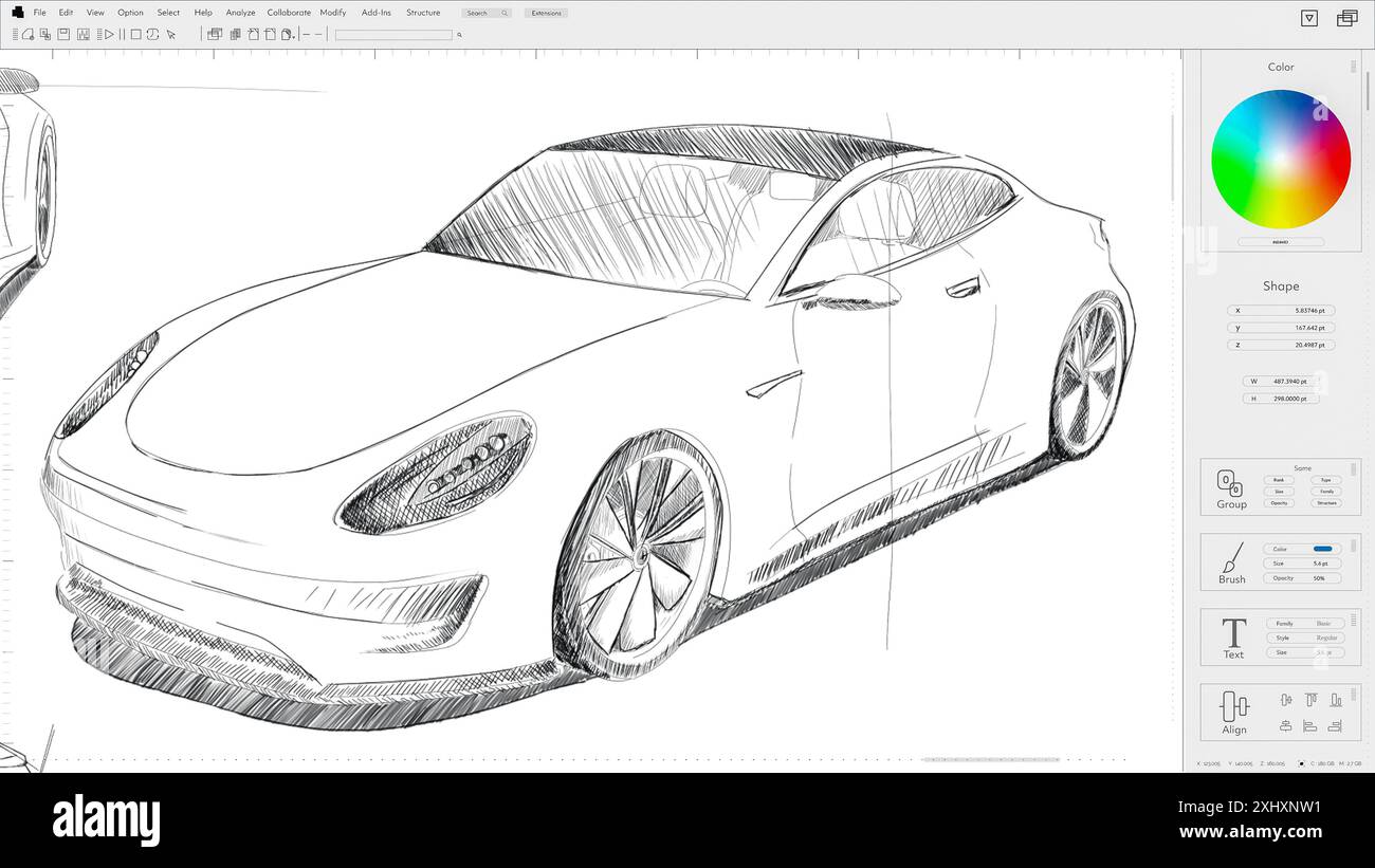 Maquette d'interface légère de logiciel d'ordinateur d'illustration professionnelle avec conception de croquis de voiture de sport. Zoomez sur le dessin du véhicule pour ajouter des lignes de finition. Processus de production de véhicules électriques. Rendu 3D. Banque D'Images