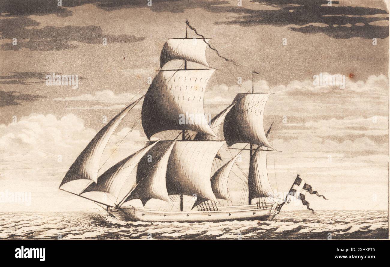 Aquatinte montrant une suite de navires au cours d'une action navale, représentant des navires, de l'eau et de l'équipage, créé par J.F. Clemens au XVIIIe siècle. Banque D'Images