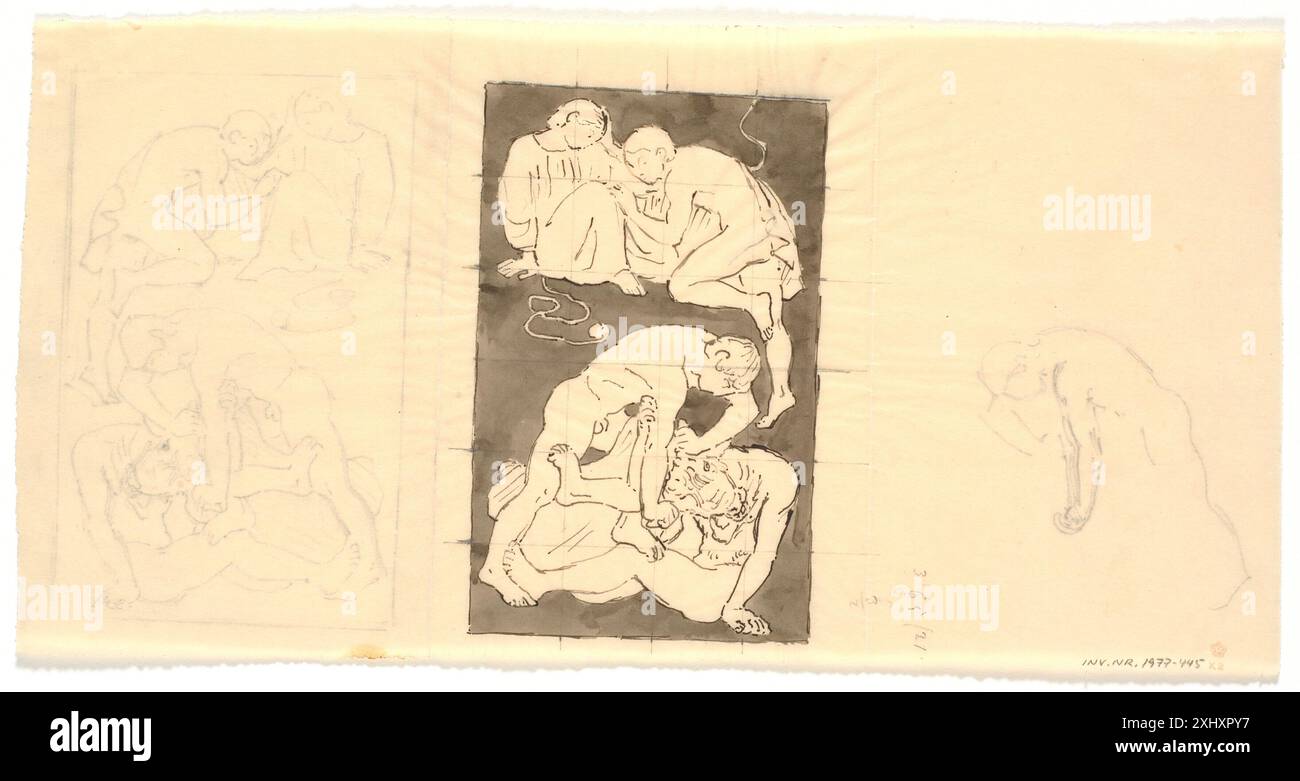 Un dessin de Joakim Skovgaard (1856-1933) représentant des scènes de la mythologie grecque : Thésée avec Ariane et Thésée face au Minotaure, mettant l'accent sur la forme narrative et classique. Banque D'Images