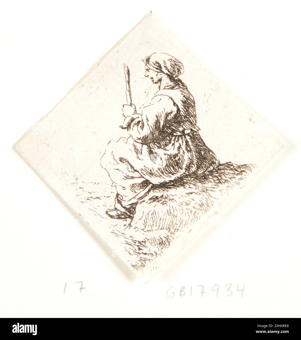 Gravure de Pieter van Laer (1598-1641) représentant une femme assise, illustrant la figure et le genre hollandais et flamand du XVIIe siècle Banque D'Images