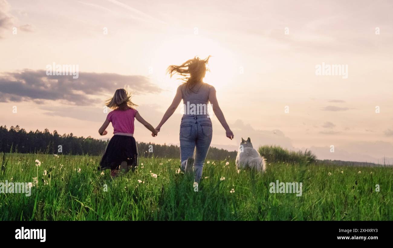 Scène idyllique de mère, fille et chien de compagnie courent joyeusement dans le champ d'herbe plein de libellules. Sens du concept de vie. Banque D'Images