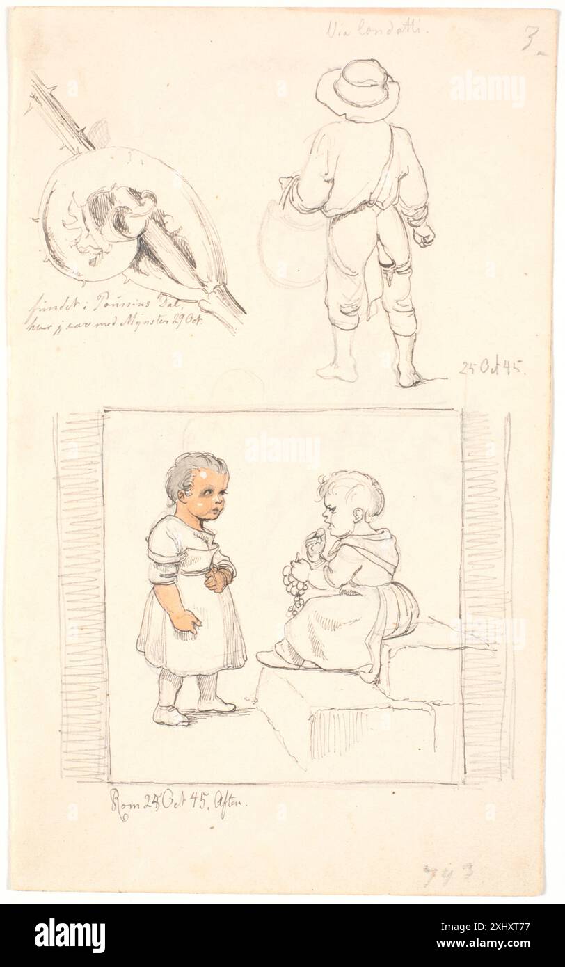 Deux enfants, dont un assis sur un escalier avec une grappe de raisin à la main. Un garçon vu de derrière avec la chemise hors du pantalon. Une tige Akantus avec une lame roulée Lundbye, Johan Thomas 1818 - 1848 dessin à børn, det ene siddende på en trappe Med en vindrueklase i hånden. Ensemble bagfra Med skjorten ud af bukserne. En akantusstængel Med et sammenrullet blad Banque D'Images