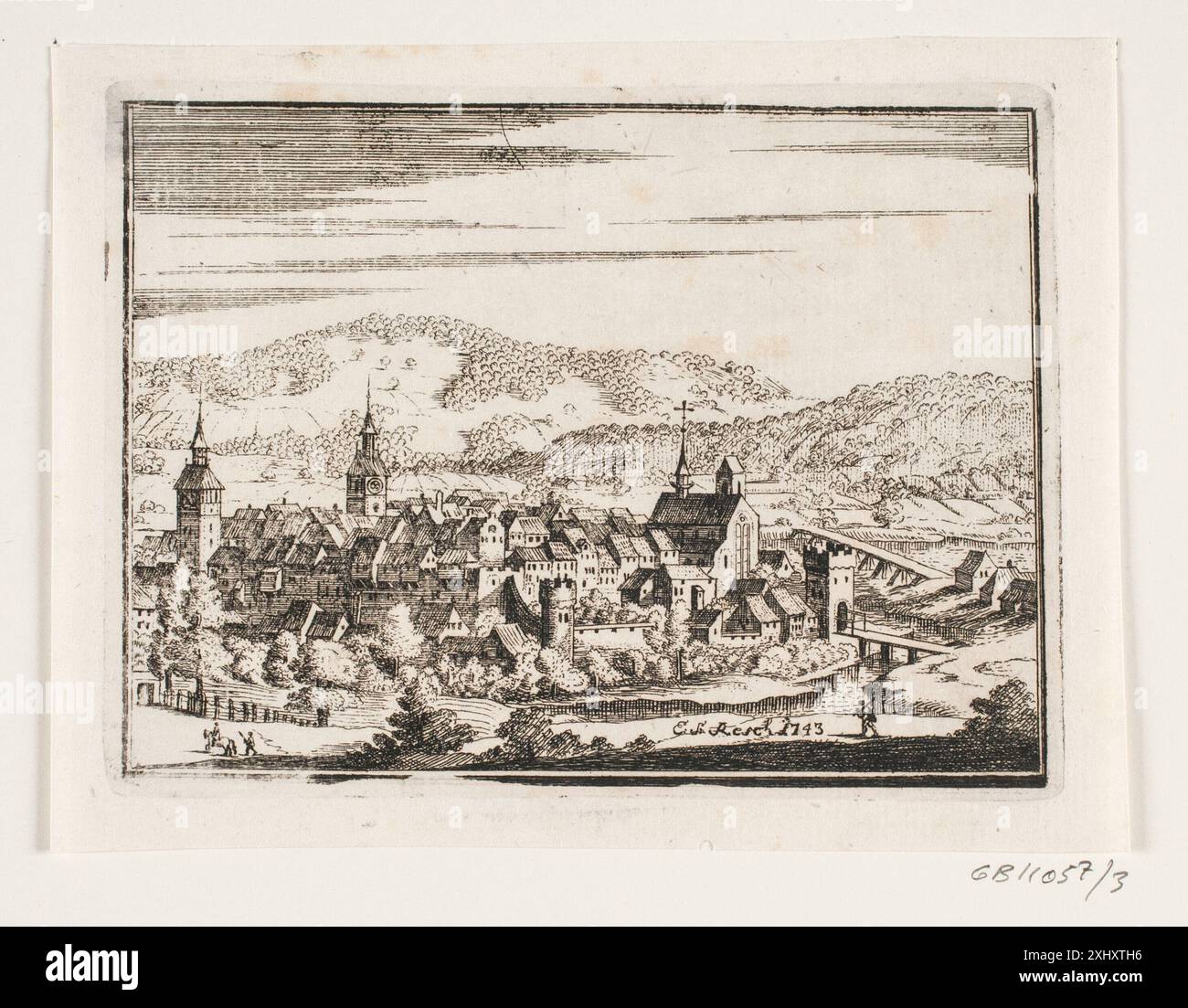 Gravure montrant un prospectus de la ville par Erasmus Sigismond Resch, documenté dans des collections de gravures, gravures et illustrations danoises sur cuivre, 1728–1797. Banque D'Images