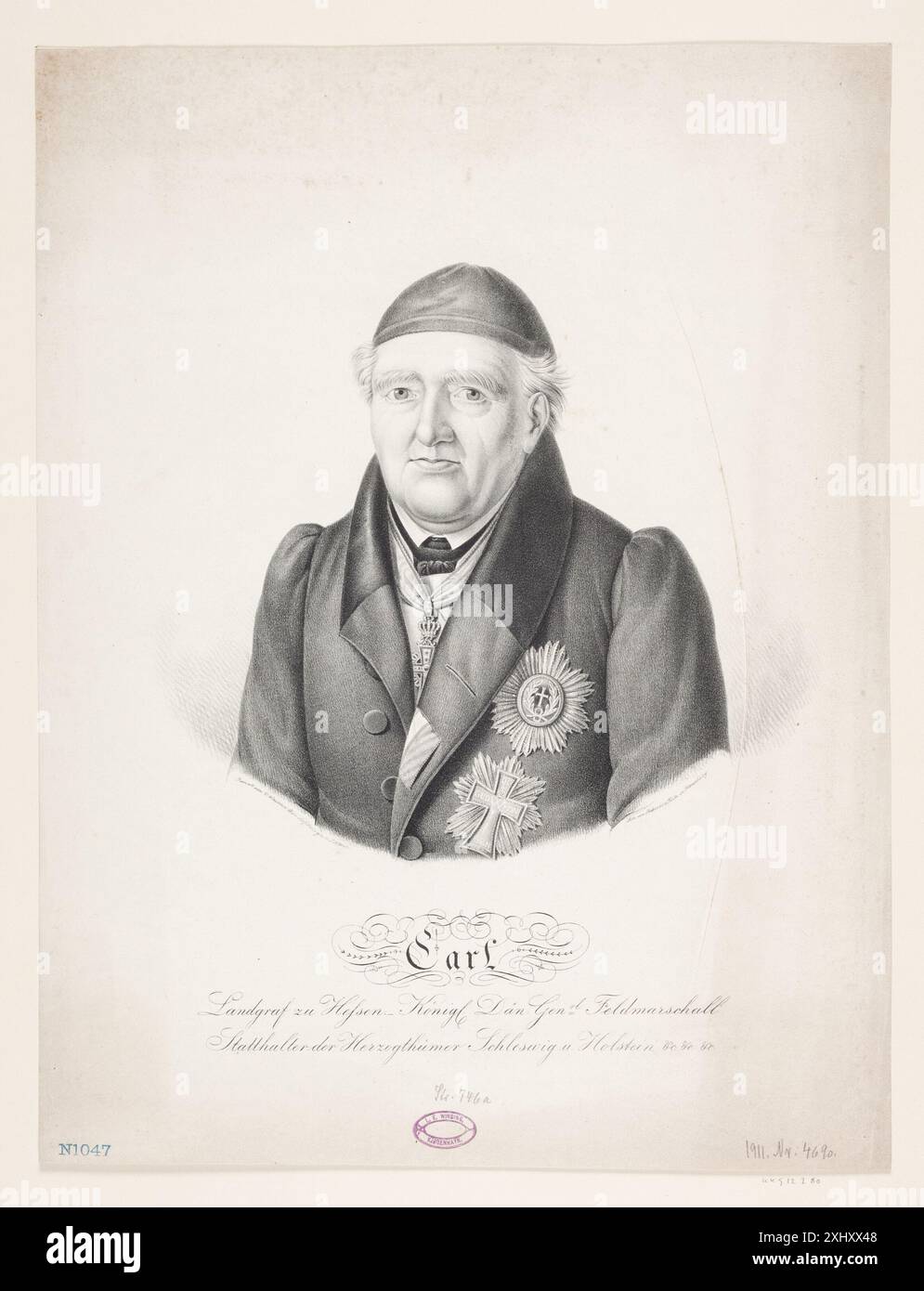 County Count Carl by Hesse Fritz, Johan Friedrich 1798 - 1870, Wassmer, Valentin 1808 - 1880, Behrens & Fritz, Flensburg lithographie, impression Beskrivende catalogue sur Portraiter af det danske Kongehuus, A. Strunk, NR. 746a, d 10460 da, 1882. Les marques de collections de dessins & d'estampes : marques estampillées et écrites de collections particulières et publiques, frits Lugt, NR. 2583, 7027, 1921-1956 Landgreve Carl af Hessen Banque D'Images