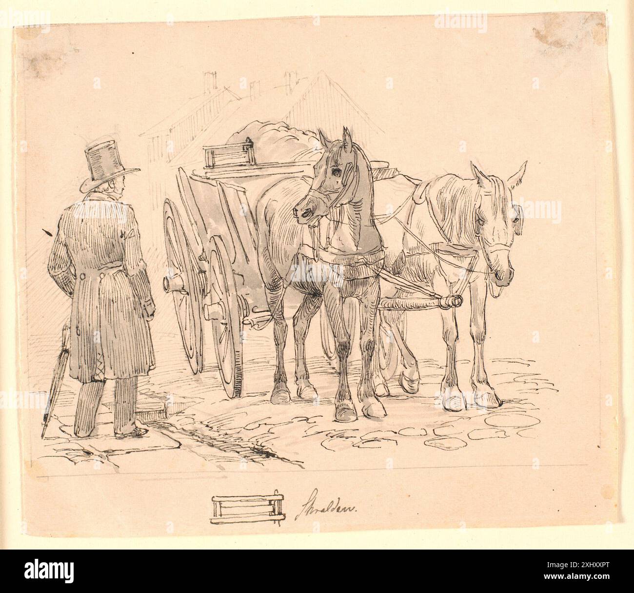 Dessin de Johan Thomas Lundbye montrant un cheval-poubelle et un cliquet, illustrant des éléments pour les 'Fables for Children' de Kaalund. Banque D'Images