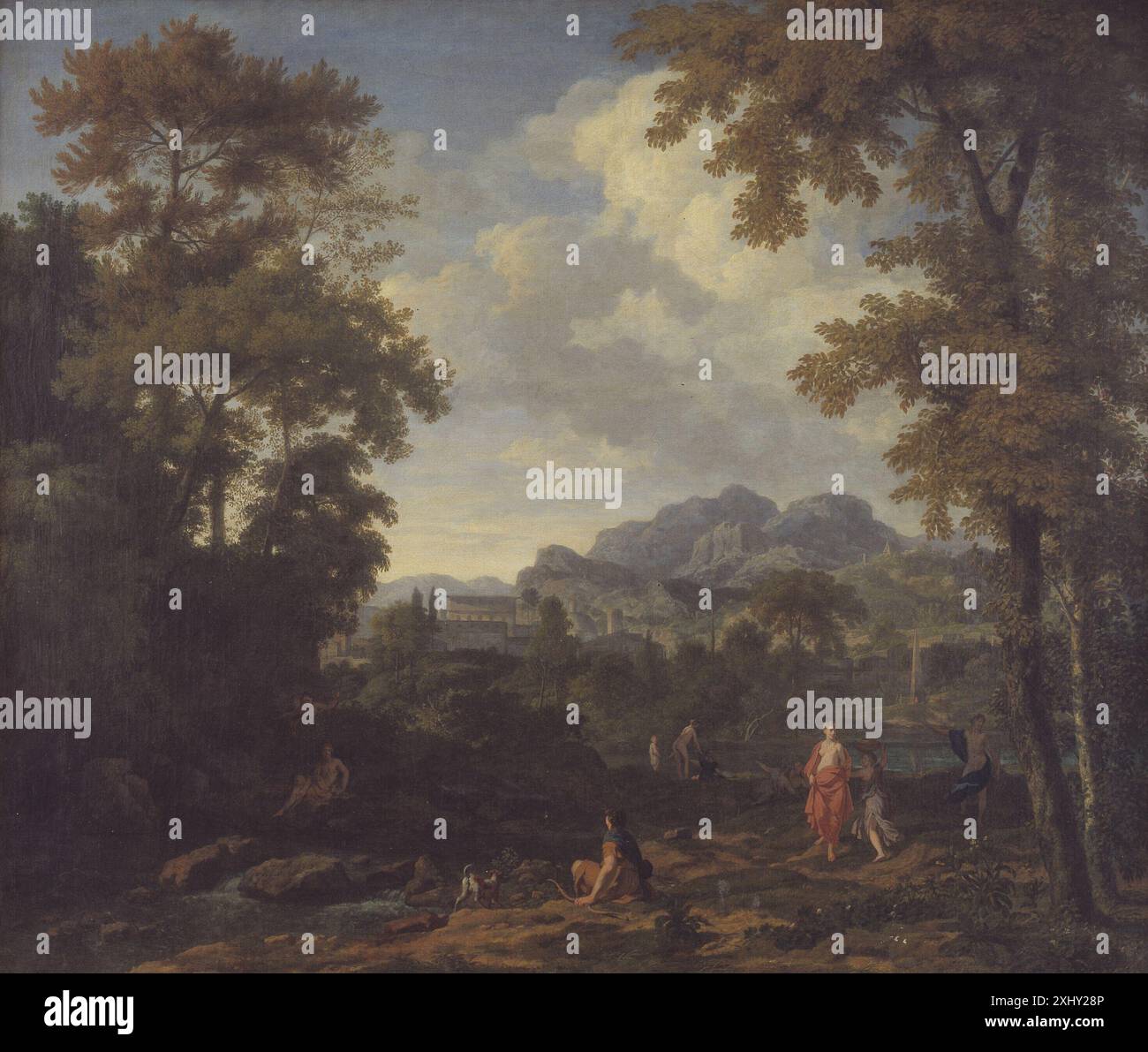Johannes Glauber (1646-1724) et Gérard de Lairesse (1641-1711) ont peint un paysage classique montrant Diana et ses nymphes, représentant des figures, des arbres, de l'eau et des éléments architecturaux dans un cadre européen du XVIIe au XVIIIe siècle. Banque D'Images