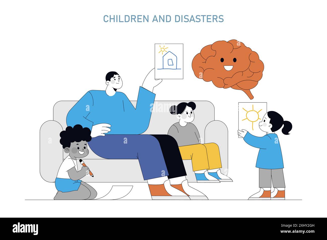 Concept de psychologie du désastre. Famille éduquant les enfants sur les urgences, mettant en valeur la résilience cognitive émotionnelle. Approche calme de la préparation en situation de crise. Illustration vectorielle. Illustration de Vecteur