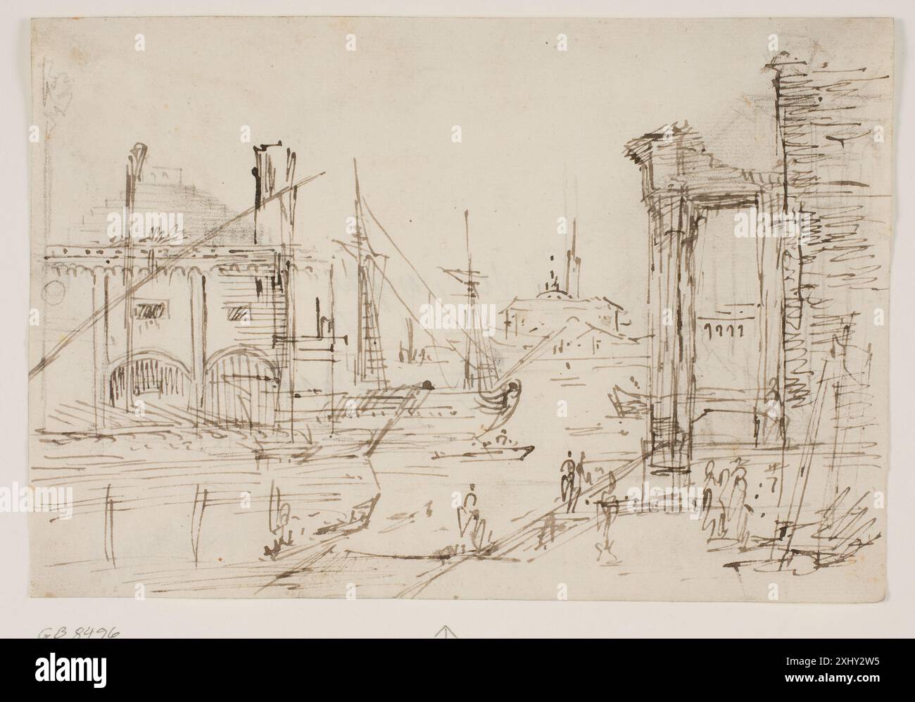 Un dessin de Canaletto (1697-1768) montrant un capriccio avec des ruines classiques sur un quai, un hangar à bateaux, deux galères, des voiliers et une église en forme de dôme en arrière-plan. Banque D'Images
