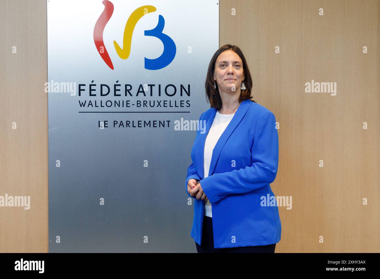 Bruxelles, Belgique. 16 juillet 2024. Fédération Wallonie - Bruxelles la Ministre Présidente Elisabeth Degryse pose pour la photographe lors d'une session plénière du parlement de la Fédération Wallonie-Bruxelles (Fédération Wallonie Bruxelles - Federatie Wallonie Brussel) à Bruxelles, mardi 16 juillet 2024. Les ministres nouvellement nommés prêtent serment avant le début de la session plénière d'aujourd'hui. BELGA PHOTO HATIM KAGHAT crédit : Belga News Agency/Alamy Live News Banque D'Images