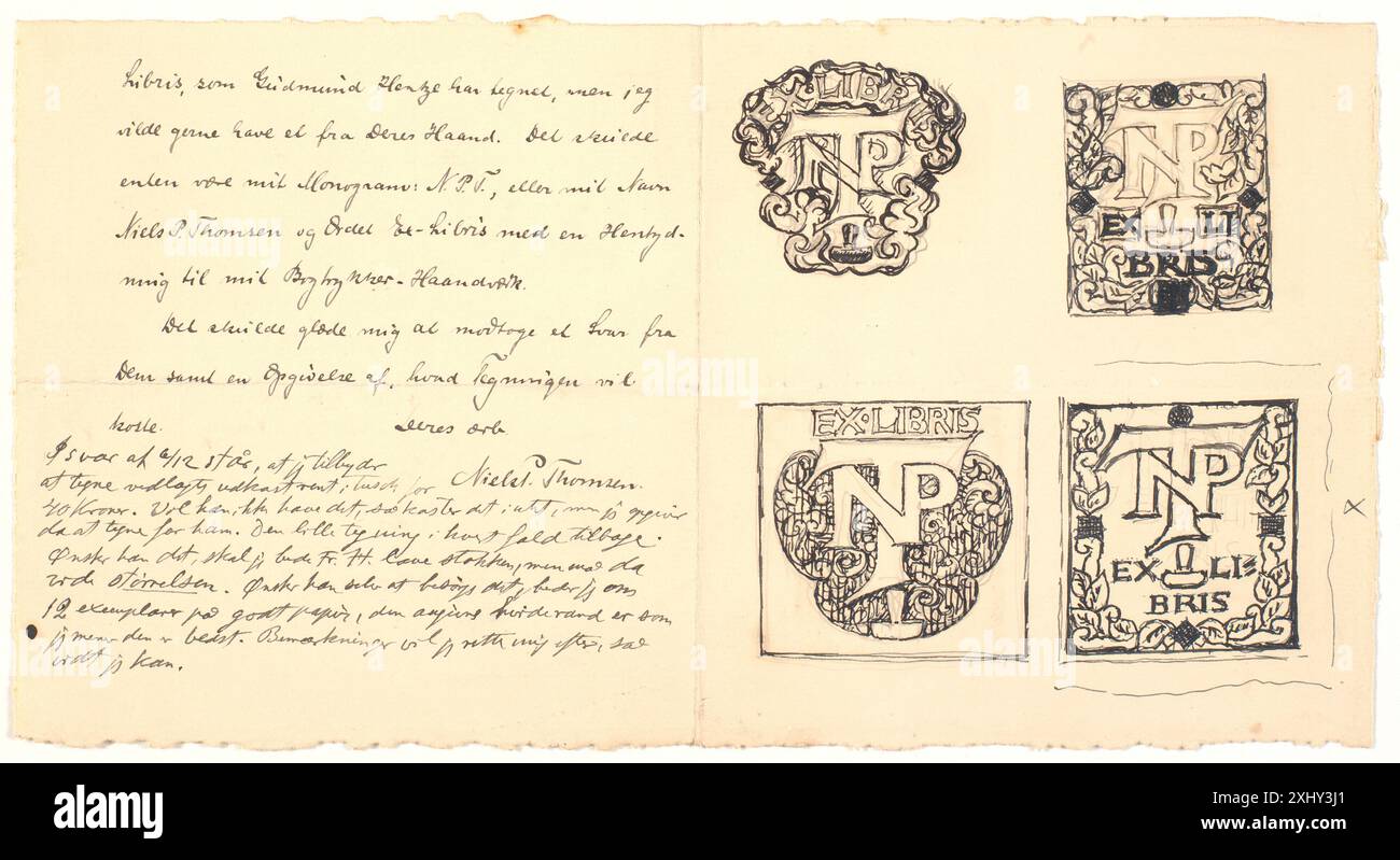 Dessin de Joakim Skovgaard montrant une lettre contenant 10 brouillons de dessins exlibris pour l'imprimeur de livres Niels P. Thomsen, illustrant les éléments de design et la mise en page. Banque D'Images