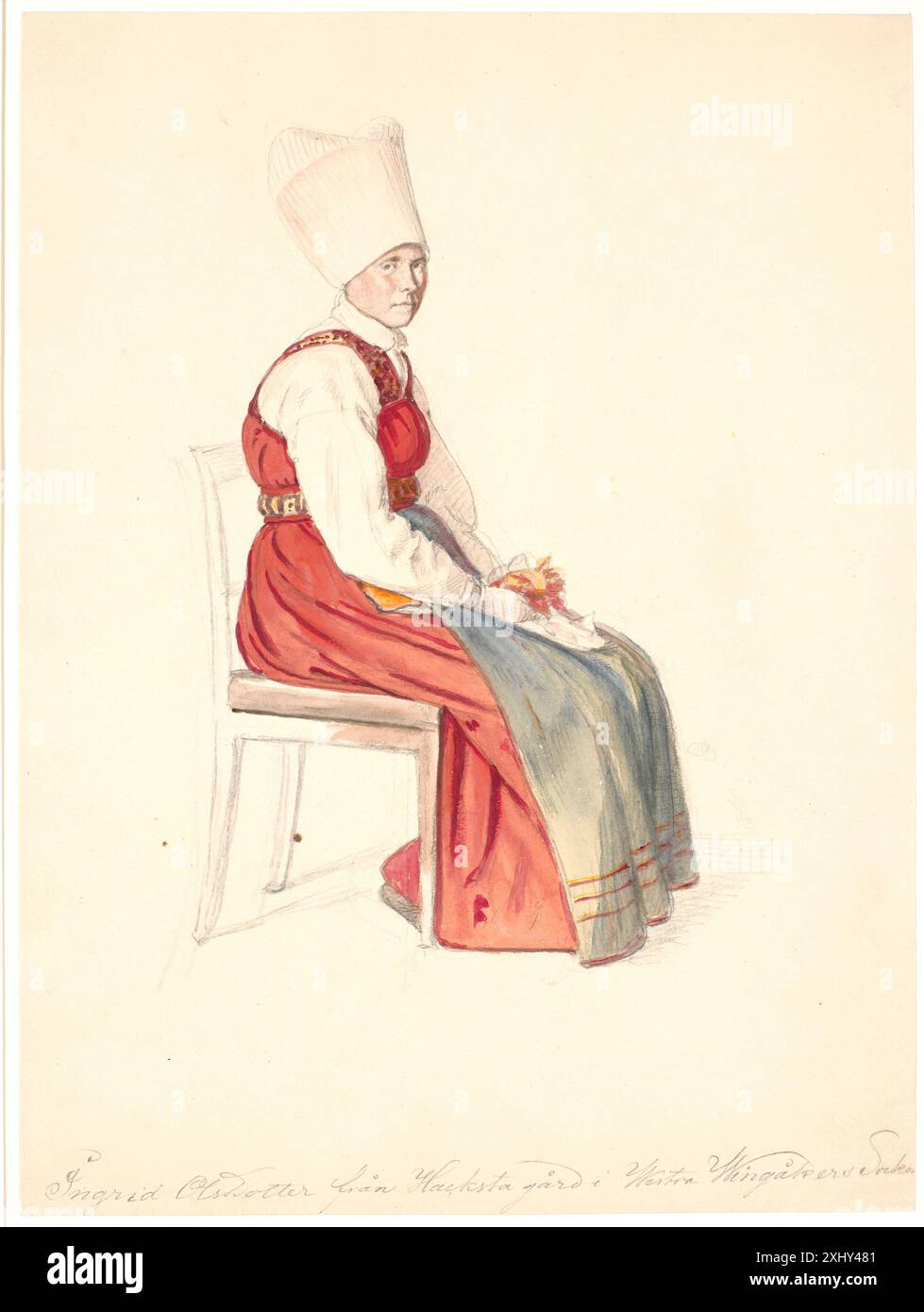 Dessin représentant une paysanne suédoise assise avec une ligne de cheveux haute, par Wilhelm Marstrand, 1810-1873. Banque D'Images