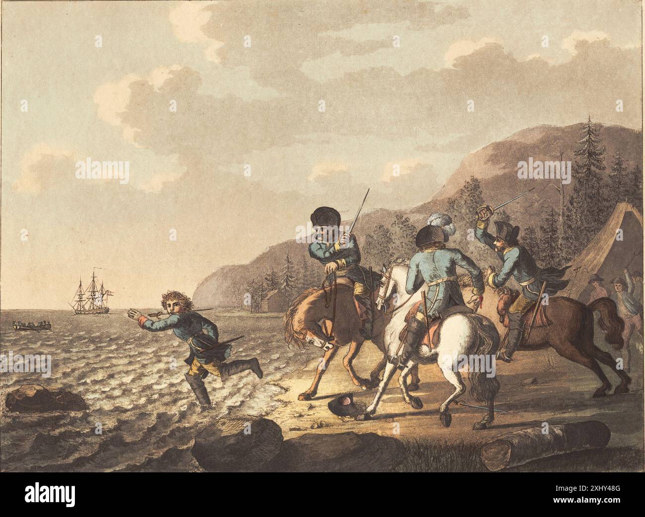 Imprimé aquatinte de Niels Truslew montrant Tordenskjold échappant aux dragons suédois. Banque D'Images