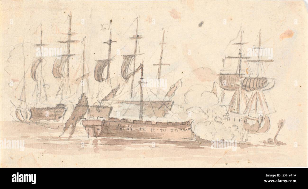 Dessin de C.A. Lorentzen illustrant une bataille maritime, montrant des navires, un engagement naval et le positionnement de la figure. Banque D'Images