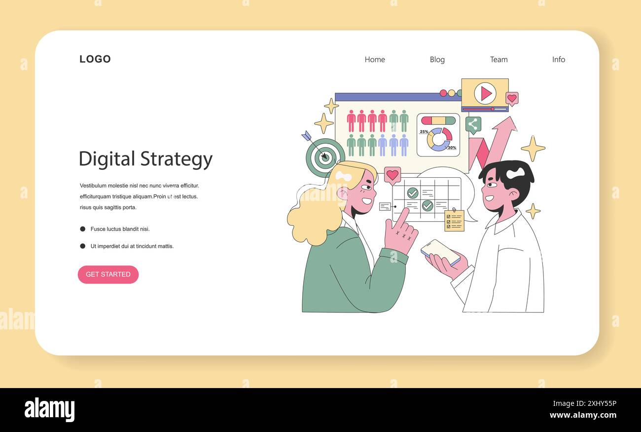 Concept de stratégie numérique. Les professionnels discutent des métriques et des objectifs sur une interface de site Web avec analytique. Travail d'équipe efficace dans le marketing en ligne. Illustration vectorielle. Illustration de Vecteur