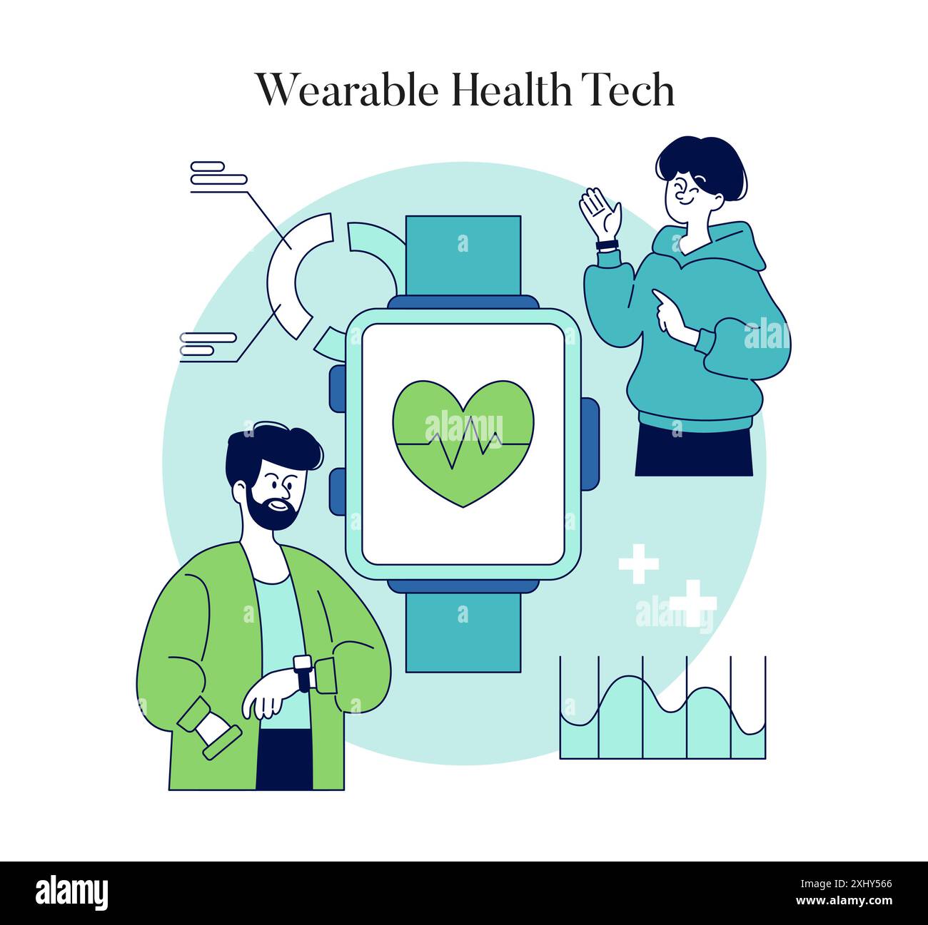 Concept de biohacking. Les personnes qui utilisent des appareils portables pour surveiller les mesures d'intégrité afin d'optimiser les performances. Technologie de suivi de la santé. Illustration vectorielle. Illustration de Vecteur